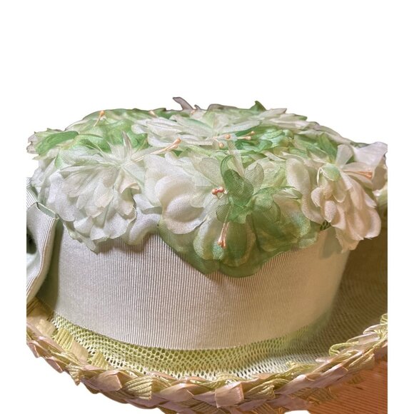 Ladies Green Floral Vintage Breton Style Hat Wide Ribbon Accent Union Made - Picture 8 of 14
